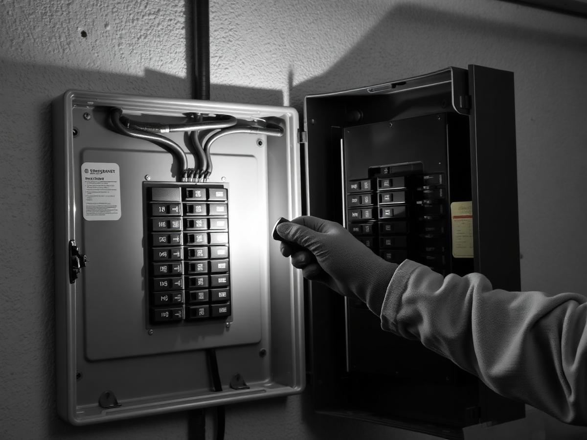Inspector examining an open residential electrical breaker panel