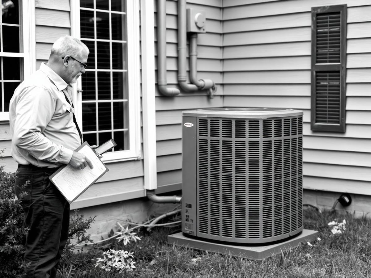 Inspector reviewing an outdoor residential HVAC condenser unit