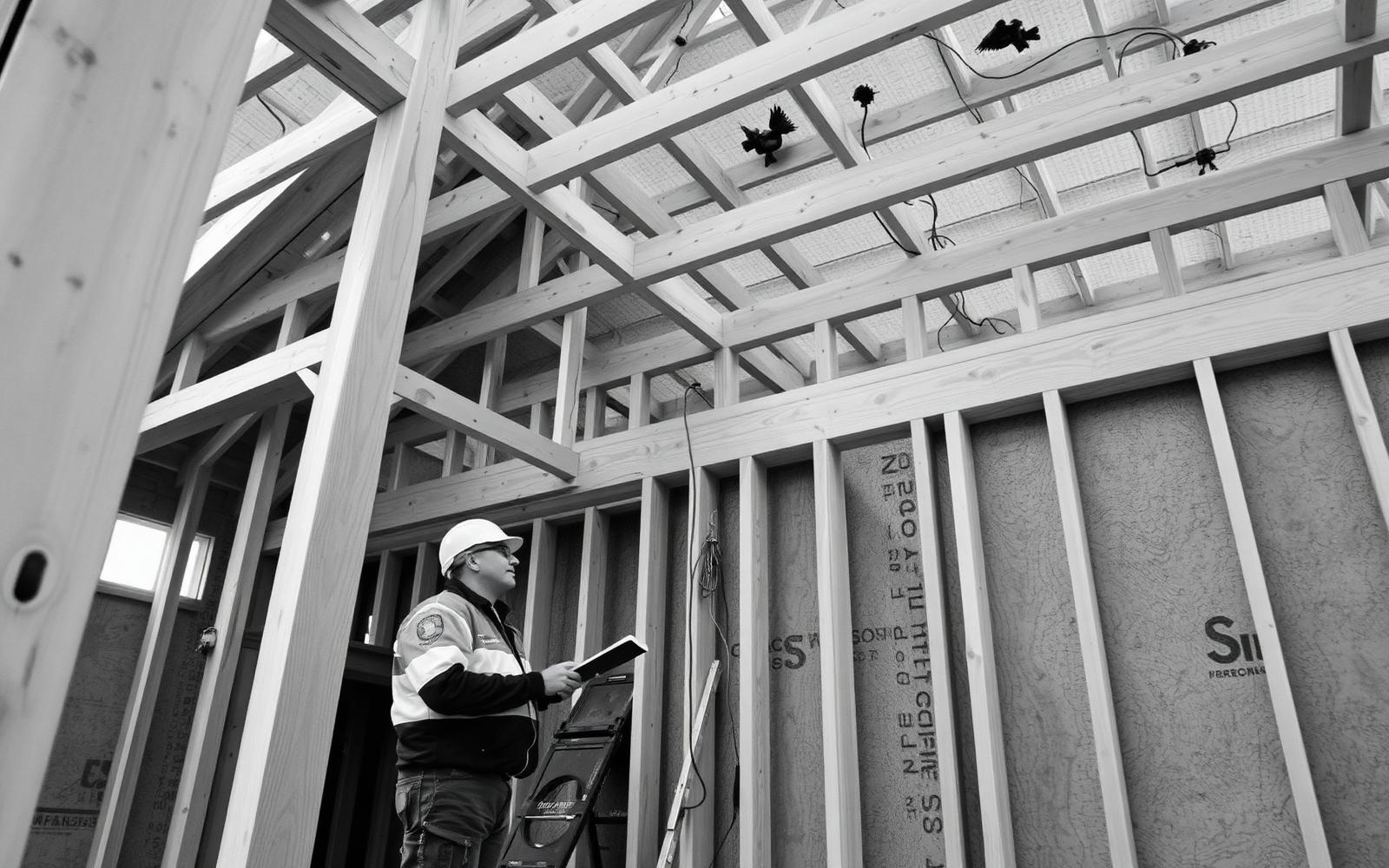 New-construction home with exposed framing and rough wiring being inspected