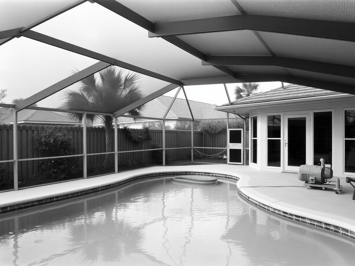 Screened residential pool enclosure with pool equipment at a Florida home